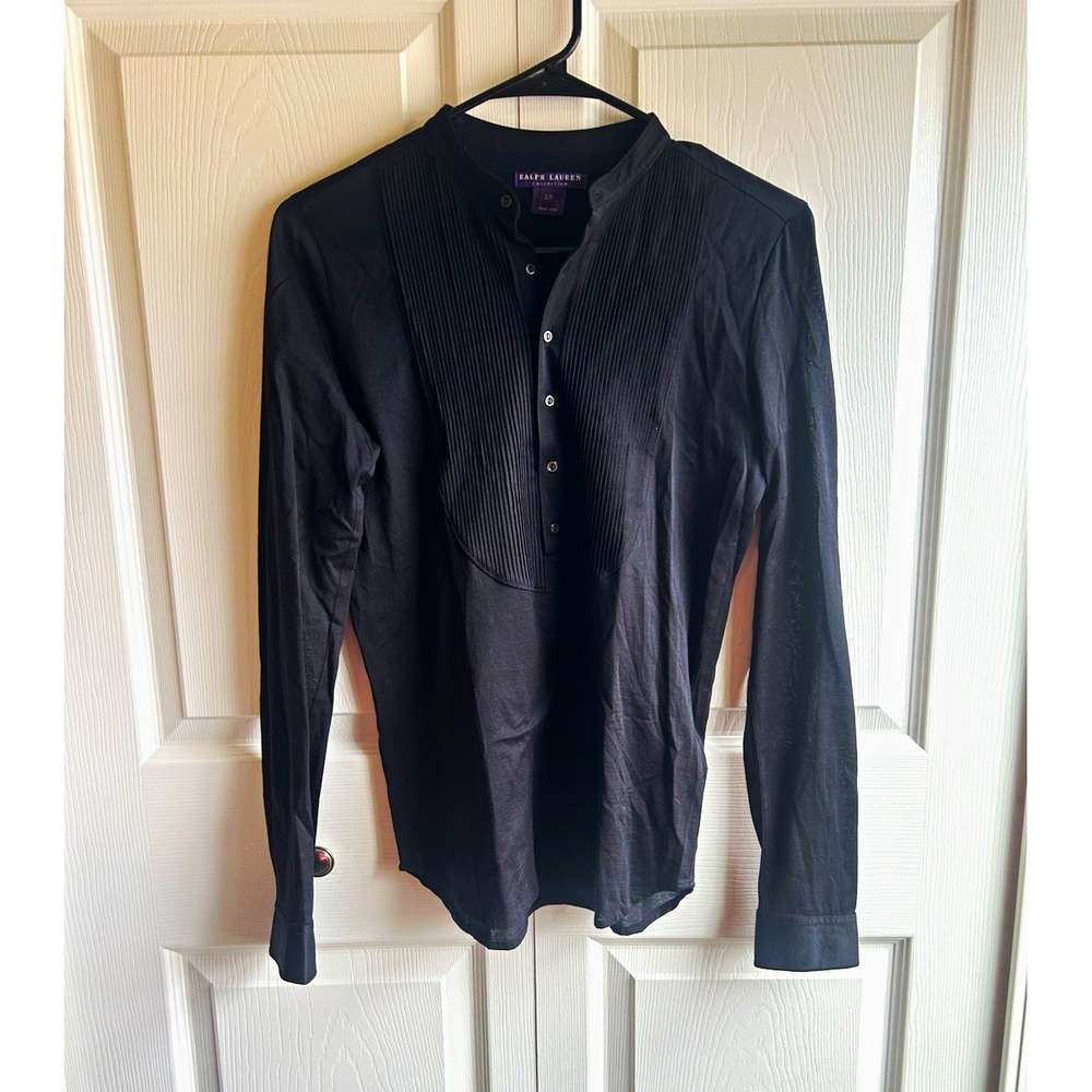 Ralph Lauren Collection Black Mercerized Cotton Band Collar Long Sleeve Shirt S
